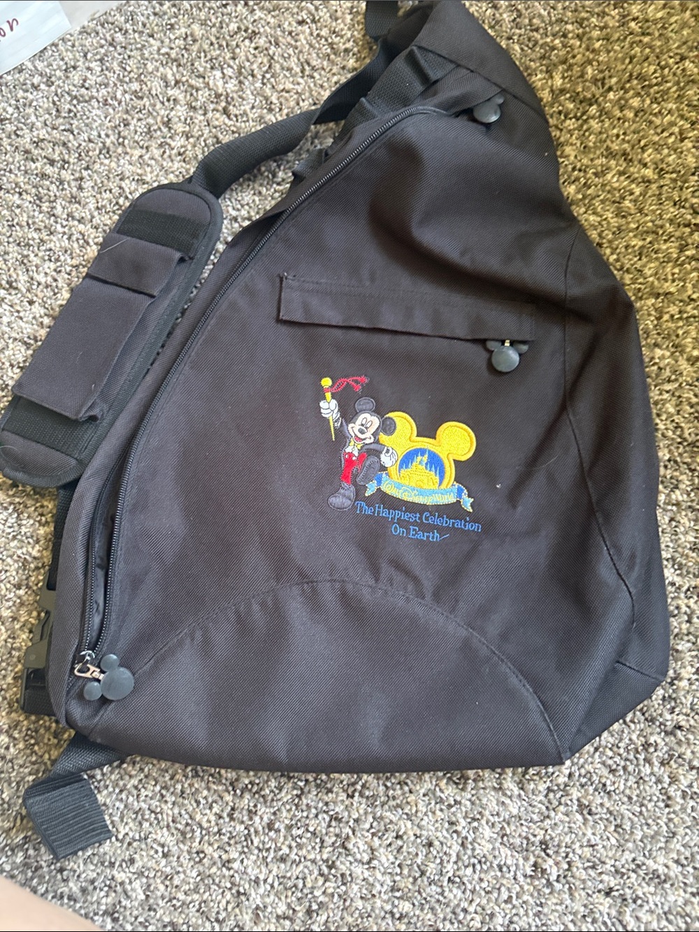 Black Disney-Themed Sling Backpack with Embroidered Mickey Celebration